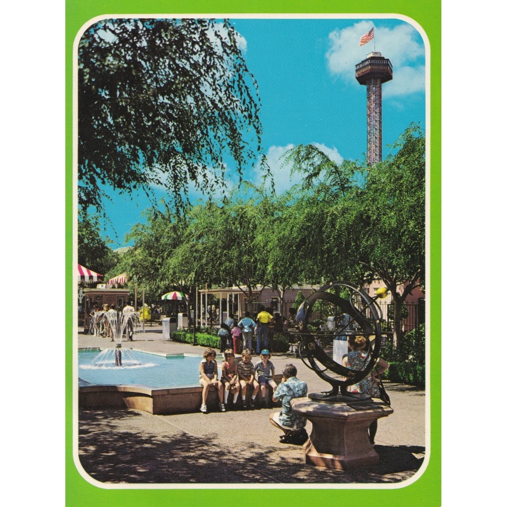 Vintage Magic Mountain Main Plaza Postcard Sky Tower Retro Kitsch Americana